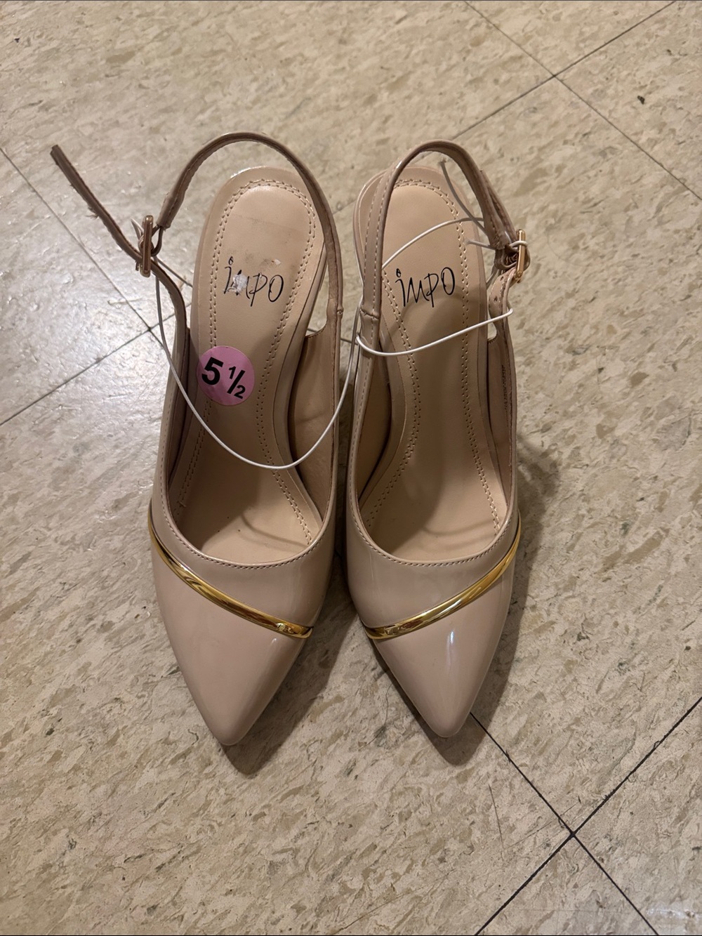 Impo Beige Patent Pointed Slingback Pumps with Gold Accent